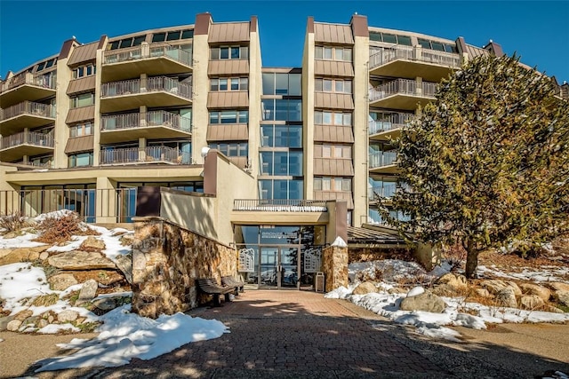 view of snow covered building