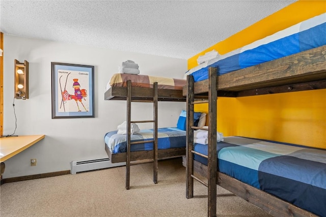 carpeted bedroom with a textured ceiling and a baseboard radiator