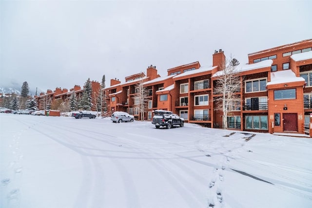 view of snow covered building