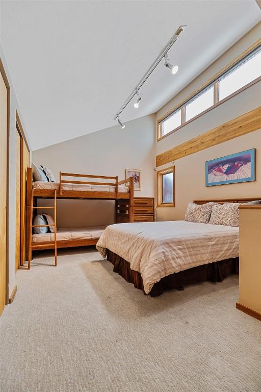 carpeted bedroom with rail lighting