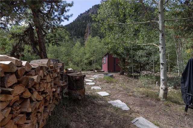 view of yard with a mountain view and a shed