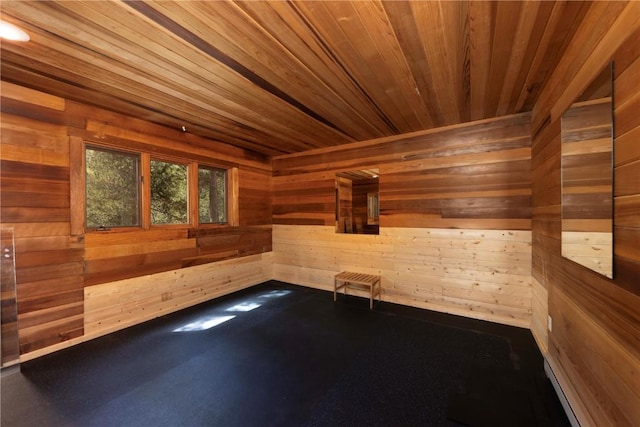 interior space with wood ceiling and wooden walls