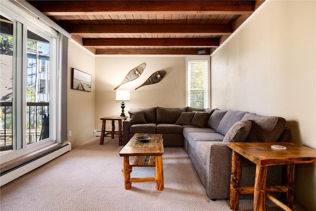 carpeted living room featuring wood ceiling, beamed ceiling, and a baseboard radiator