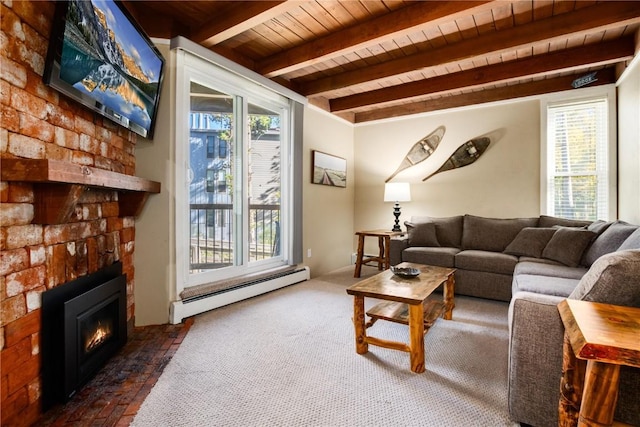 living room with plenty of natural light, beam ceiling, wood ceiling, and a baseboard heating unit