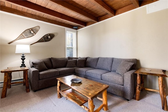 carpeted living room featuring beamed ceiling, wood ceiling, and a baseboard heating unit