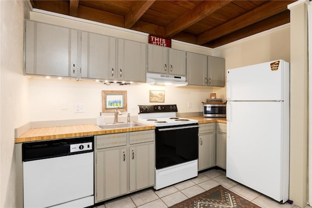 kitchen with white appliances, wooden ceiling, sink, gray cabinets, and beam ceiling