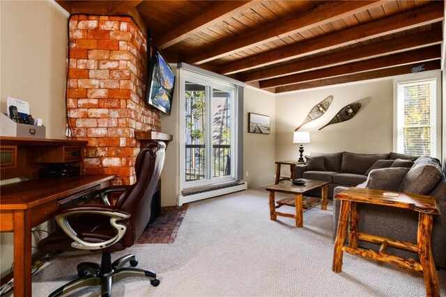 office space with carpet floors, beamed ceiling, wood ceiling, and a baseboard heating unit