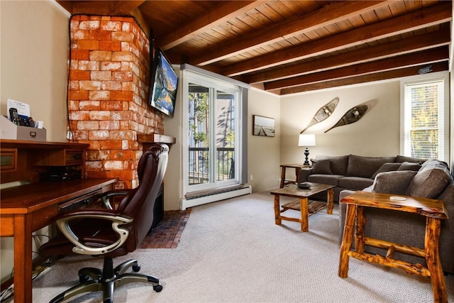 office space with carpet floors, beamed ceiling, wood ceiling, and a baseboard heating unit