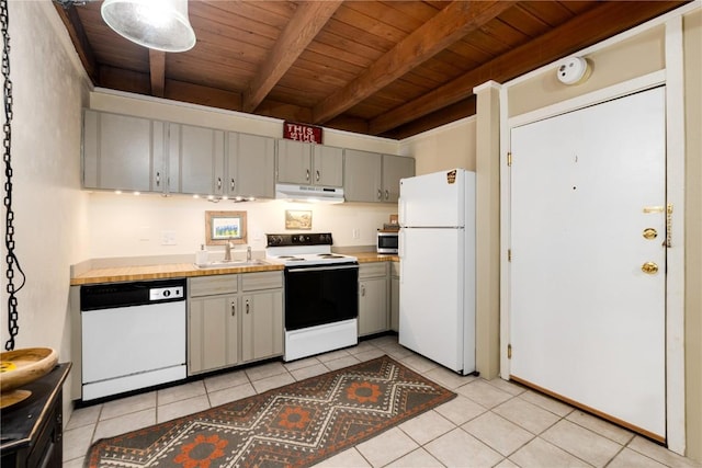 kitchen with wood ceiling, white appliances, sink, light tile patterned floors, and beamed ceiling