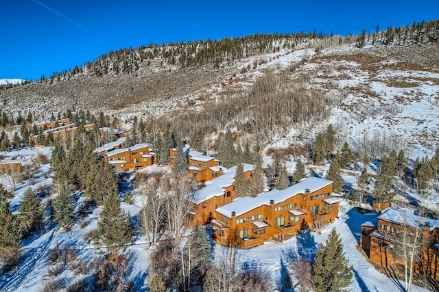 snowy aerial view with a mountain view