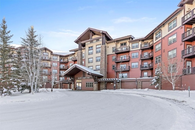 view of snow covered building