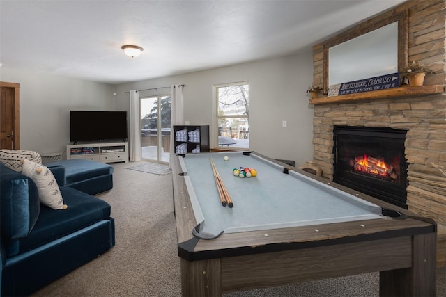 game room featuring carpet flooring, a fireplace, and billiards