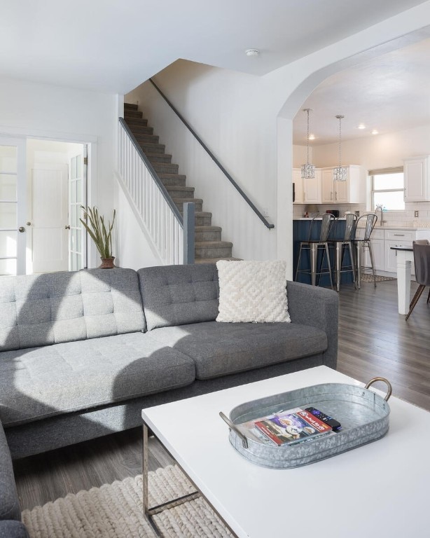 living room featuring dark hardwood / wood-style flooring and sink