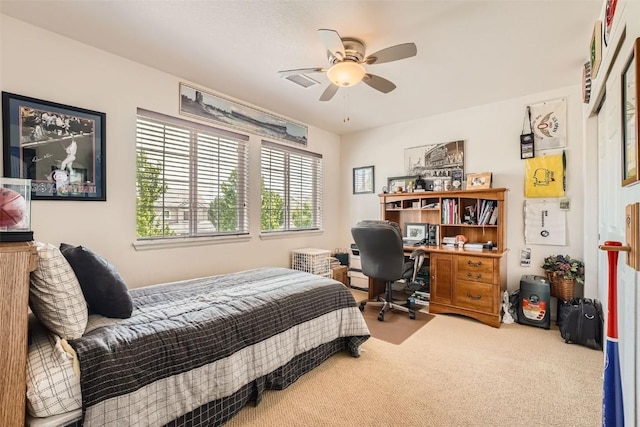 bedroom featuring carpet flooring and ceiling fan