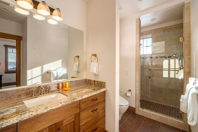 bathroom with tile patterned floors, an enclosed shower, vanity, and toilet