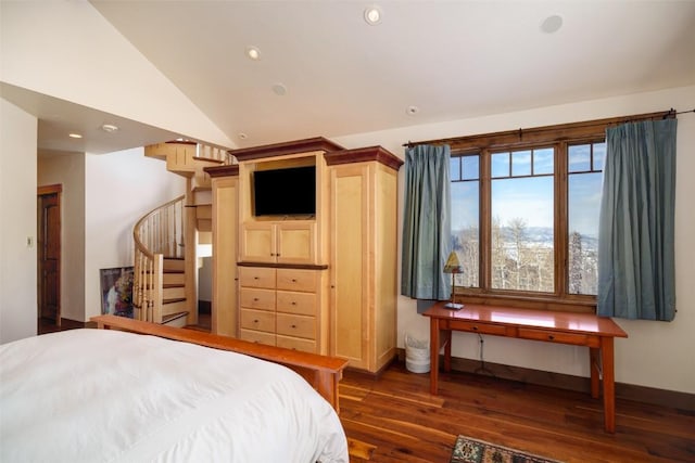 bedroom with dark wood-type flooring and vaulted ceiling