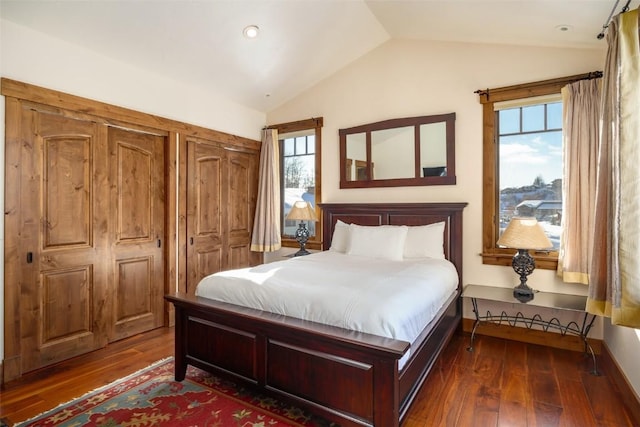 bedroom with dark wood-type flooring, vaulted ceiling, and multiple windows