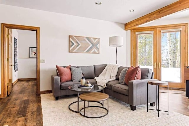 living room featuring recessed lighting, baseboards, french doors, dark wood-style floors, and beamed ceiling