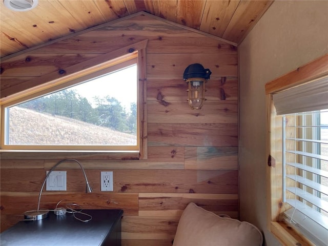 interior space with lofted ceiling, wooden walls, and wooden ceiling