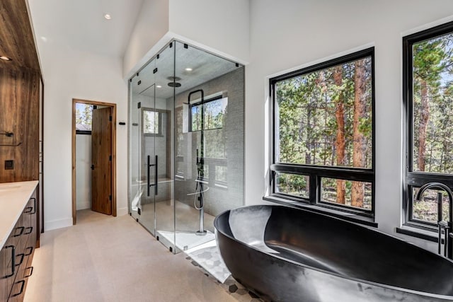 bathroom with a healthy amount of sunlight, vanity, independent shower and bath, and vaulted ceiling