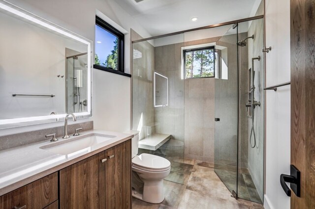 bathroom featuring vanity, toilet, and walk in shower