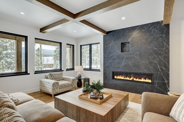 living room featuring beam ceiling, a wealth of natural light, a fireplace, and light hardwood / wood-style floors