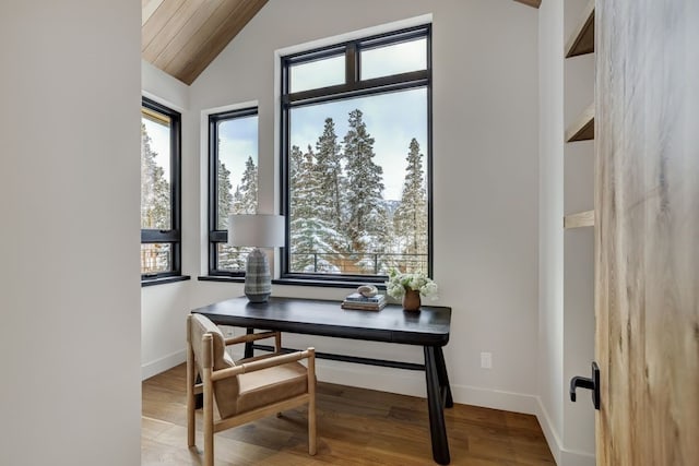 office area featuring wooden ceiling, wood-type flooring, and vaulted ceiling