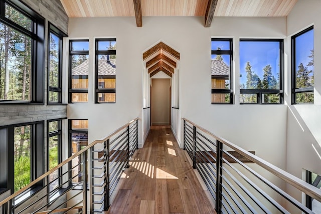 hall featuring beamed ceiling, wooden ceiling, and hardwood / wood-style flooring