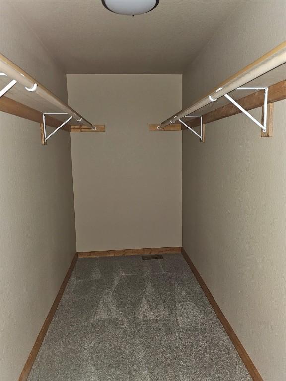 walk in closet with dark carpet