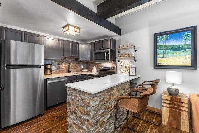 kitchen with dark wood finished floors, a peninsula, a sink, decorative backsplash, and appliances with stainless steel finishes