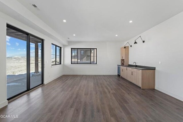 unfurnished living room featuring sink and dark hardwood / wood-style floors