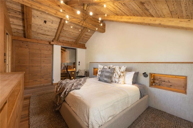 bedroom featuring lofted ceiling with beams, wooden ceiling, and wood walls