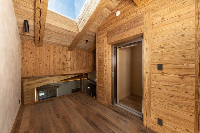 additional living space with hardwood / wood-style floors, wood walls, wooden ceiling, a skylight, and beam ceiling