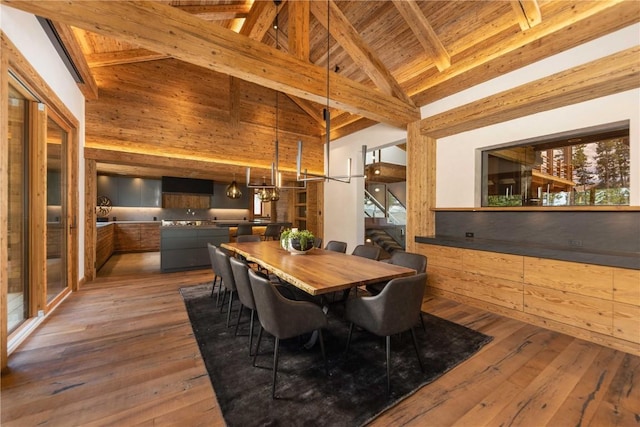 dining area featuring beam ceiling, dark hardwood / wood-style flooring, high vaulted ceiling, and wooden ceiling