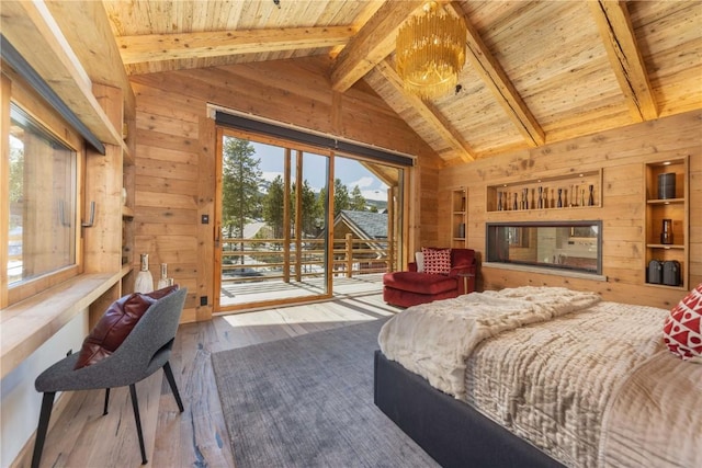 bedroom featuring access to outside, wooden ceiling, and beam ceiling