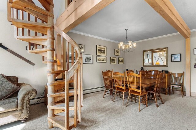 dining space with baseboard heating, carpet, ornamental molding, and an inviting chandelier