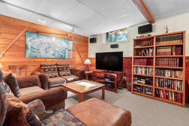 carpeted living room featuring beam ceiling, wood walls, and rail lighting