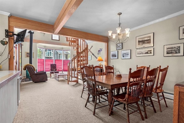 carpeted dining space with crown molding, beamed ceiling, and a chandelier