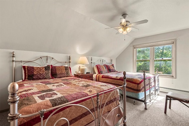 bedroom featuring ceiling fan, carpet, a baseboard radiator, and vaulted ceiling