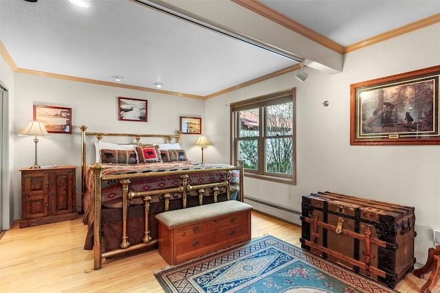 bedroom featuring ornamental molding, a baseboard radiator, and light hardwood / wood-style floors