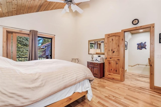 bedroom with high vaulted ceiling, access to exterior, ceiling fan, wooden ceiling, and light hardwood / wood-style flooring