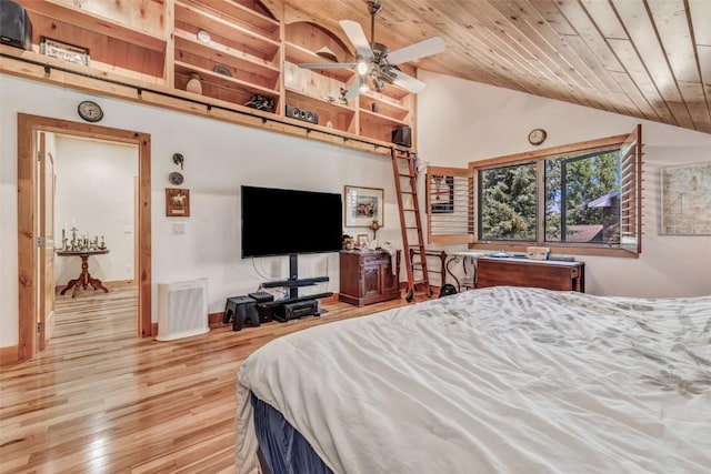 bedroom with light hardwood / wood-style flooring, wood ceiling, and vaulted ceiling