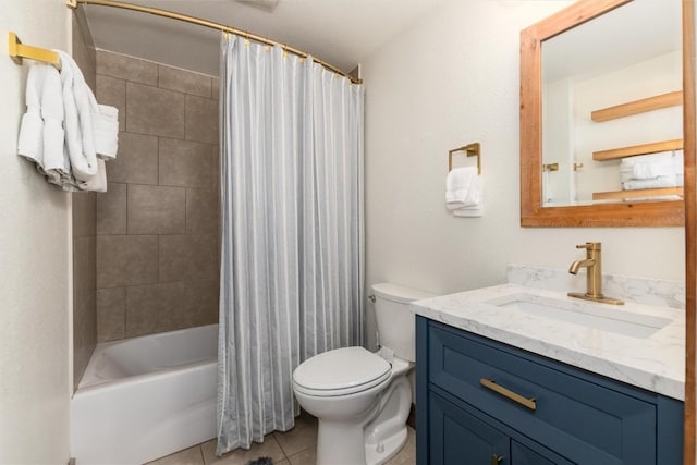 full bathroom with shower / bath combo, vanity, toilet, and tile patterned floors