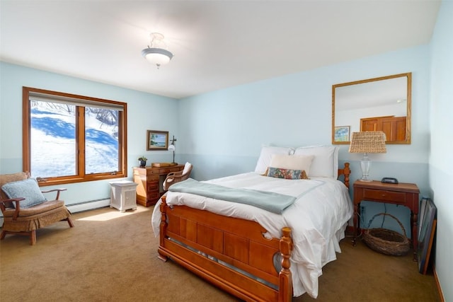 bedroom featuring baseboard heating and light carpet