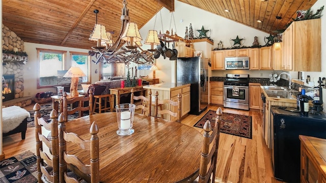 interior space featuring stainless steel appliances, wooden ceiling, a sink, and light brown cabinetry