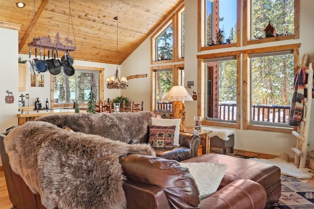 living room with high vaulted ceiling, wood ceiling, and a notable chandelier