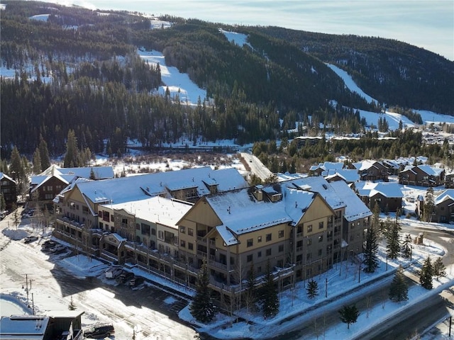 snowy aerial view featuring a mountain view