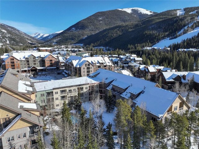 snowy aerial view with a mountain view