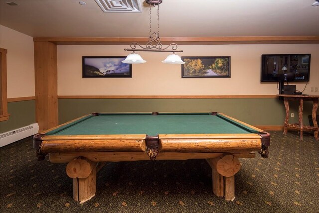 recreation room featuring carpet, billiards, and a baseboard heating unit