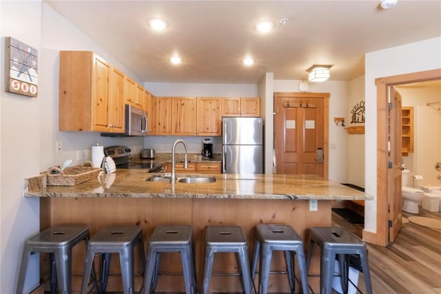 kitchen with kitchen peninsula, sink, stainless steel appliances, and light brown cabinets